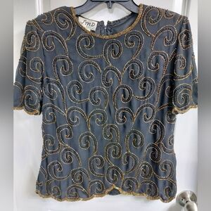 EUC Women's JMD New york Black and Gold Embellished Short Sleeve Blouse, S